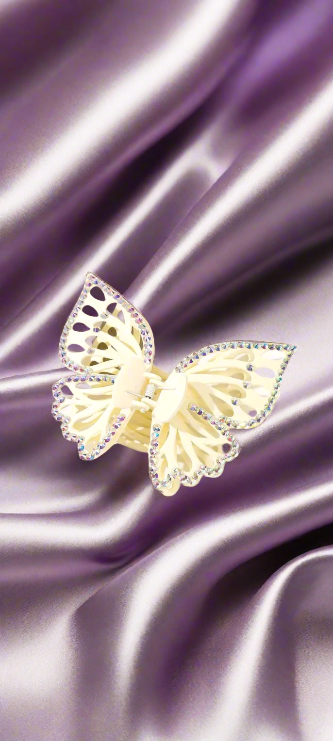 🦋 “Flutter Flex” Rhinestone Butterfly Claw Clip – Available in Pearl, Pink & Midnight