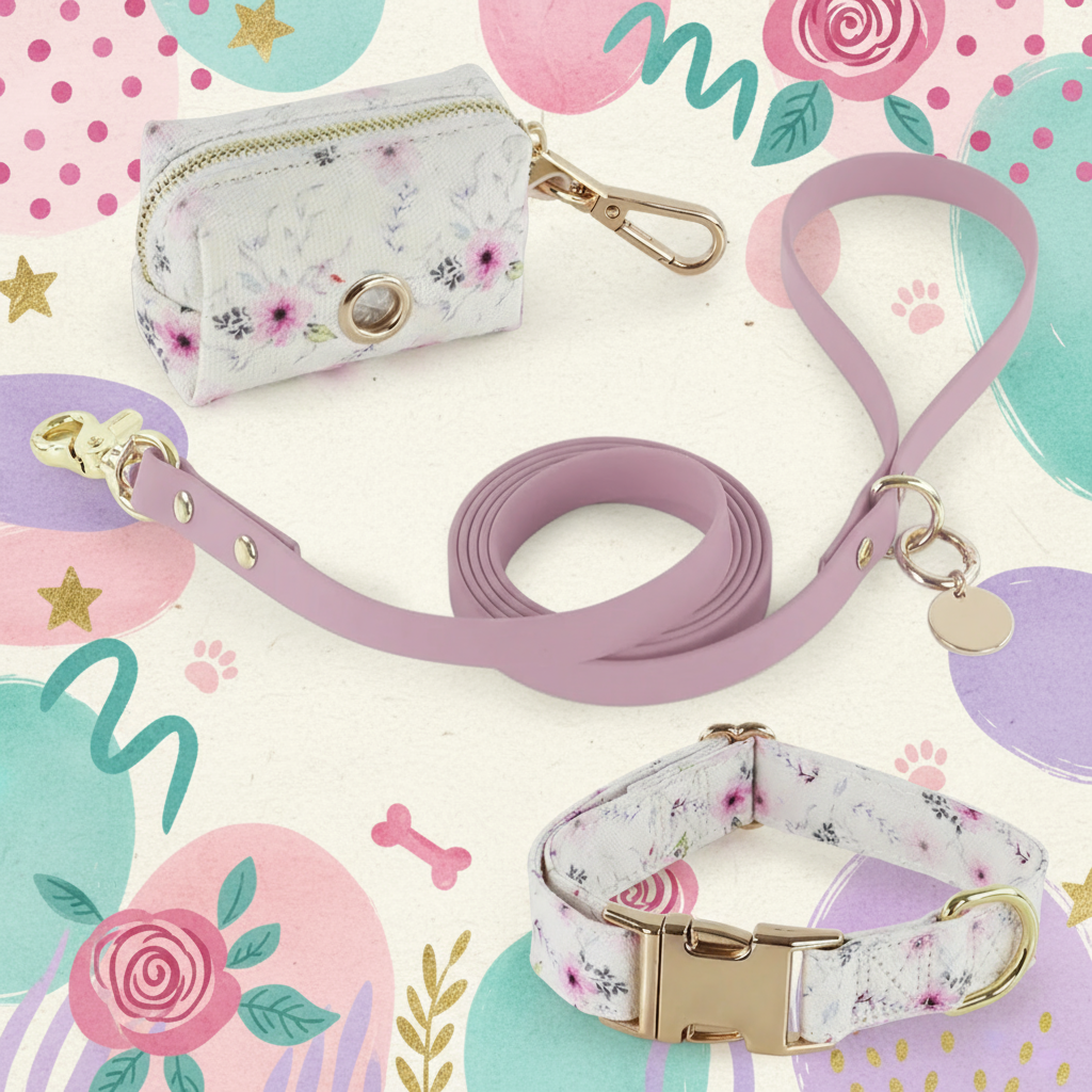 Blush Floral Leash, Collar & Bag Set